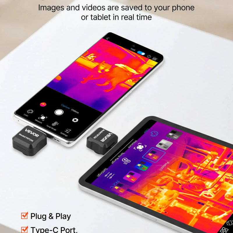 VEVOR termokamera Android ierīcēm, 512 × 384 TISR super izšķirtspēja, 25 Hz atsvaidzes ātrums, 256 × 192 IR izšķirtspēja, temperatūras diapazons -20 °C līdz 550 °C, 15 krāsu paletes