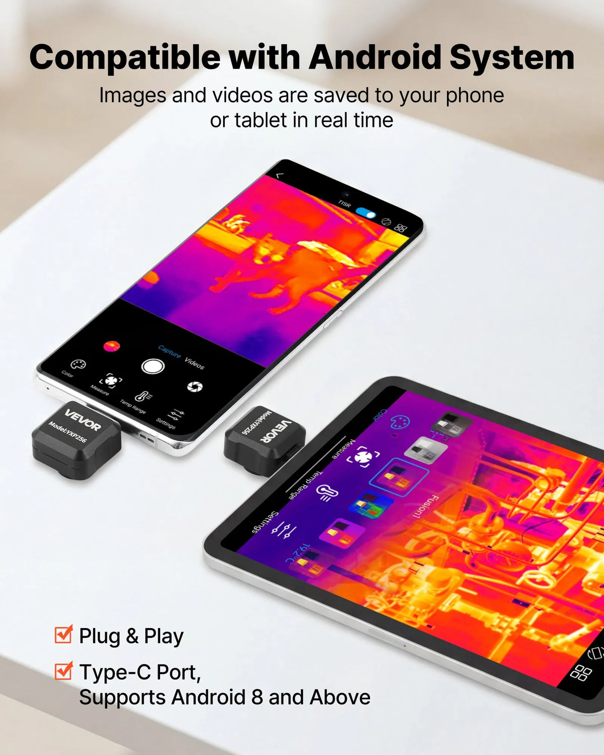 VEVOR termokamera Android ierīcēm, 512 × 384 TISR super izšķirtspēja, 25 Hz atsvaidzes ātrums, 256 × 192 IR izšķirtspēja, temperatūras diapazons -20 °C līdz 550 °C, 15 krāsu paletes