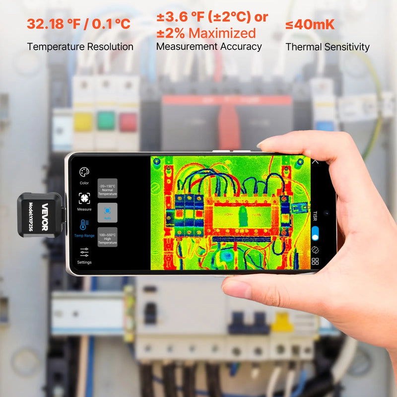 VEVOR termokamera Android ierīcēm, 512 × 384 TISR super izšķirtspēja, 25 Hz atsvaidzes ātrums, 256 × 192 IR izšķirtspēja, temperatūras diapazons -20 °C līdz 550 °C, 15 krāsu paletes