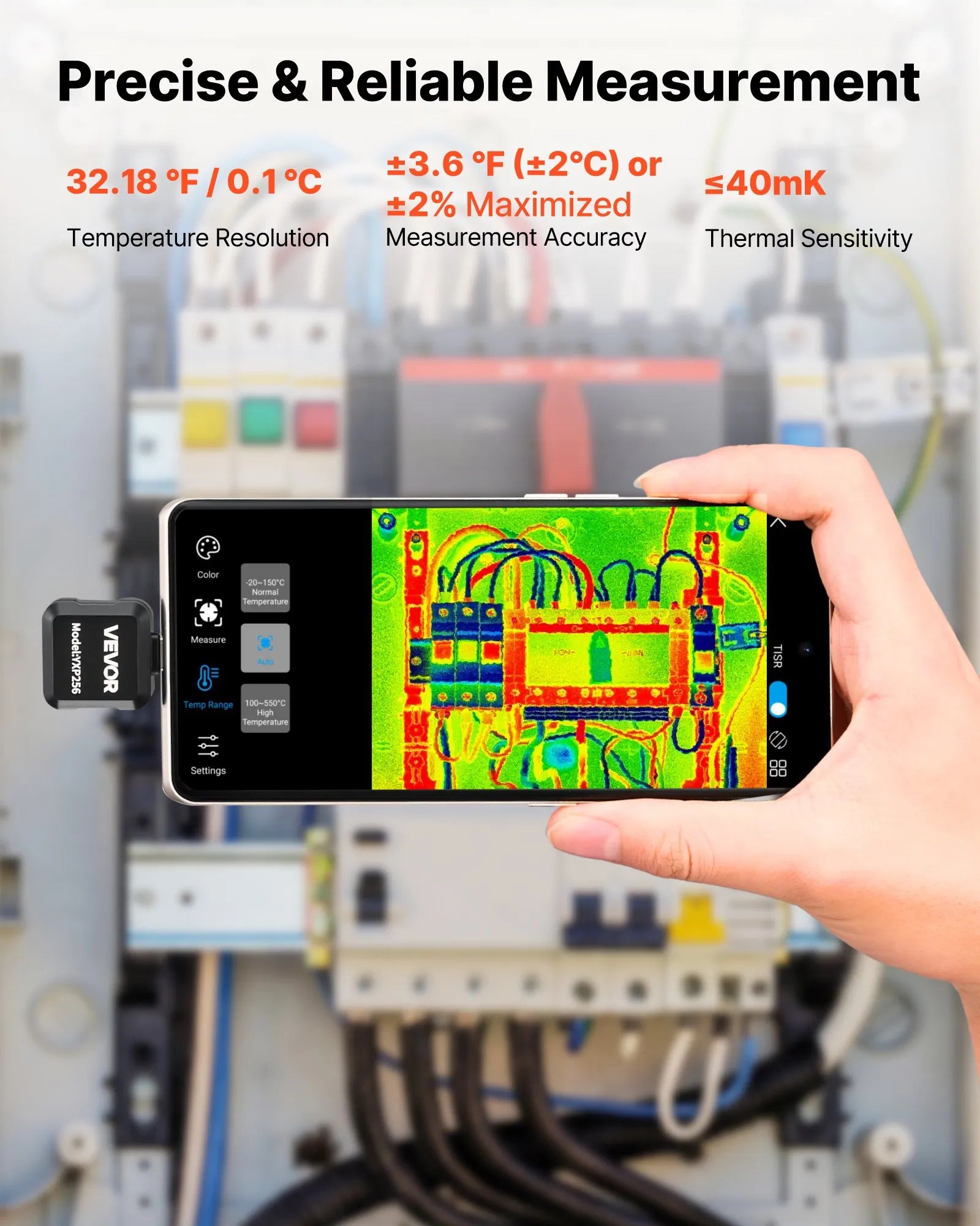 VEVOR termokamera Android ierīcēm, 512 × 384 TISR super izšķirtspēja, 25 Hz atsvaidzes ātrums, 256 × 192 IR izšķirtspēja, temperatūras diapazons -20 °C līdz 550 °C, 15 krāsu paletes
