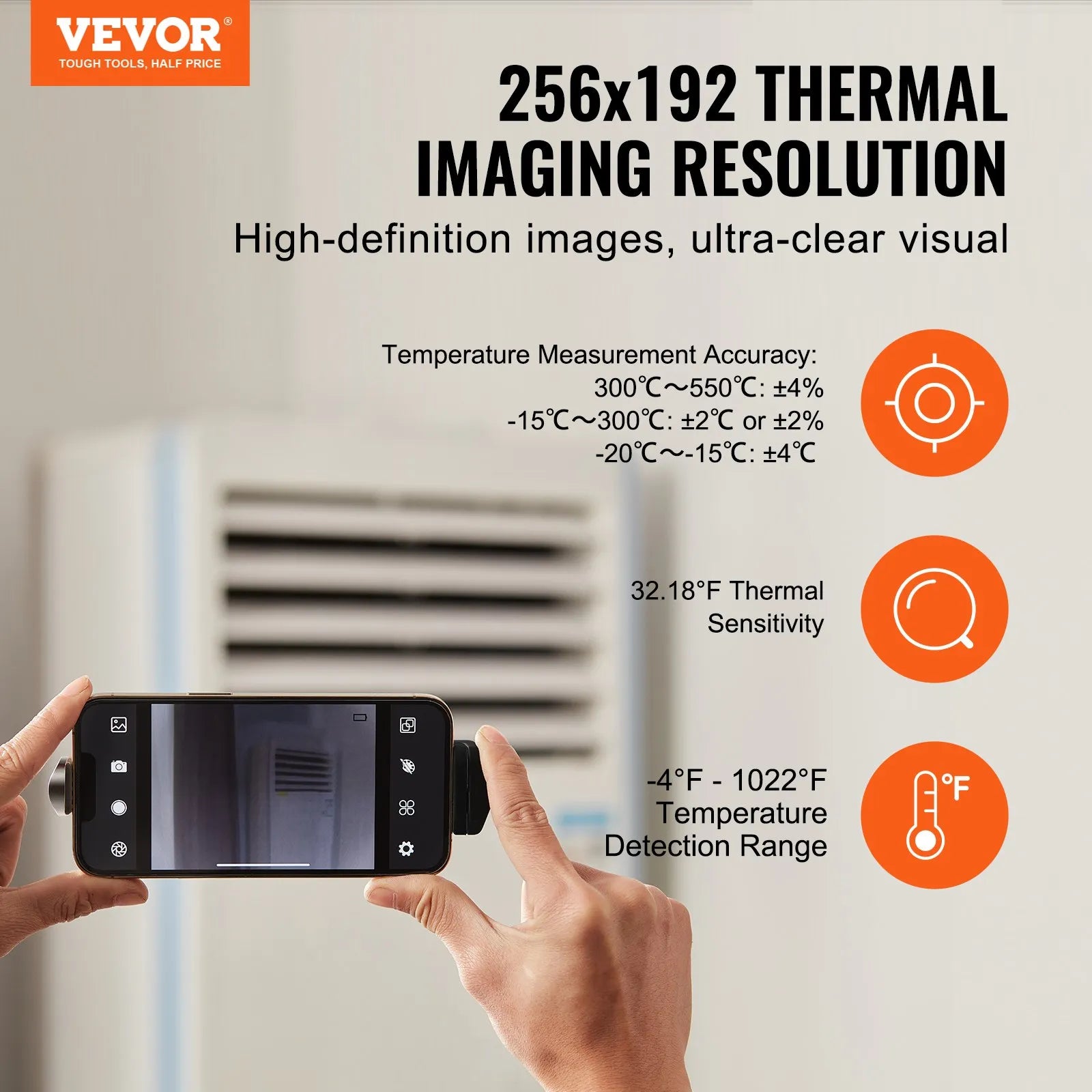 VEVOR termokamera Android un iOS ierīcēm, 256 × 192 IR izšķirtspēja, bezvadu infrasarkanais attēlveidotājs ar WiFi un vizuālo kameru, 25 Hz atsvaidzes intensitāte, temperatūras diapazons –20 °C līdz 550 °C, IP54 aizsardzības klase