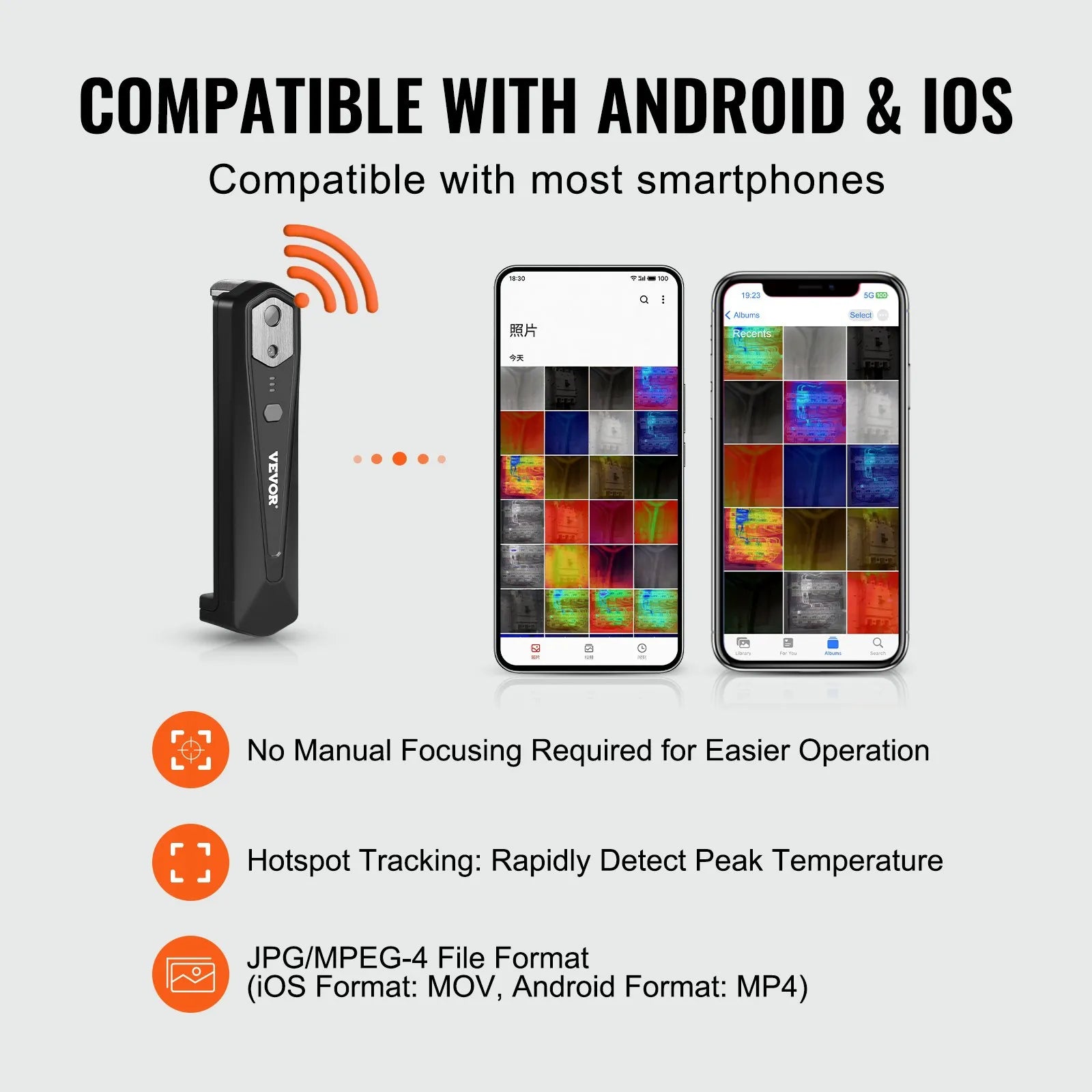 VEVOR termokamera Android un iOS ierīcēm, 256 × 192 IR izšķirtspēja, bezvadu infrasarkanais attēlveidotājs ar WiFi un vizuālo kameru, 25 Hz atsvaidzes intensitāte, temperatūras diapazons –20 °C līdz 550 °C, IP54 aizsardzības klase