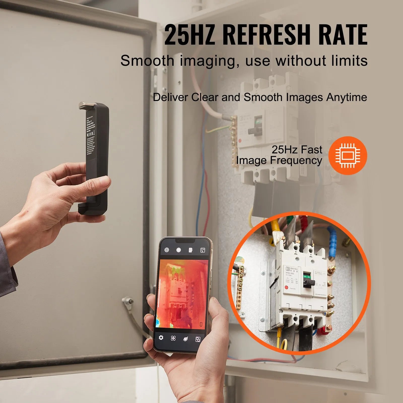 VEVOR termokamera Android un iOS ierīcēm, 256 × 192 IR izšķirtspēja, bezvadu infrasarkanais attēlveidotājs ar WiFi un vizuālo kameru, 25 Hz atsvaidzes intensitāte, temperatūras diapazons –20 °C līdz 550 °C, IP54 aizsardzības klase