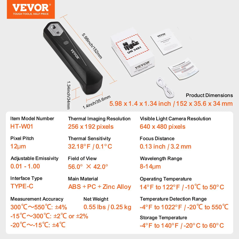 VEVOR termokamera Android un iOS ierīcēm, 256 × 192 IR izšķirtspēja, bezvadu infrasarkanais attēlveidotājs ar WiFi un vizuālo kameru, 25 Hz atsvaidzes intensitāte, temperatūras diapazons –20 °C līdz 550 °C, IP54 aizsardzības klase