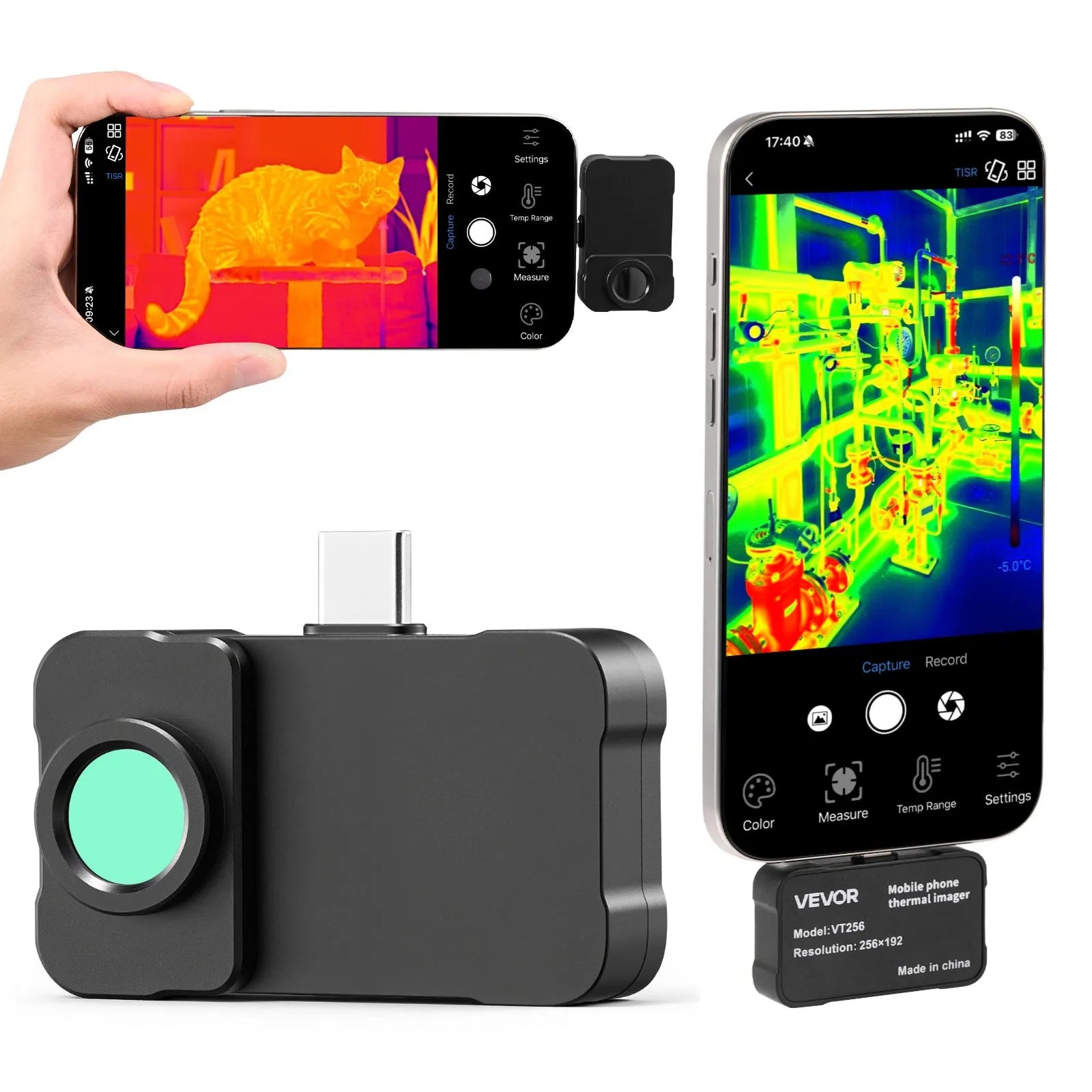 VEVOR termokamera Android un iOS ierīcēm ar makro objektīvu, 512 × 384 super izšķirtspēja, 25 Hz atsvaidzes ātrums, 256 × 192 IR izšķirtspēja, temperatūras diapazons -20 °C līdz 550 °C