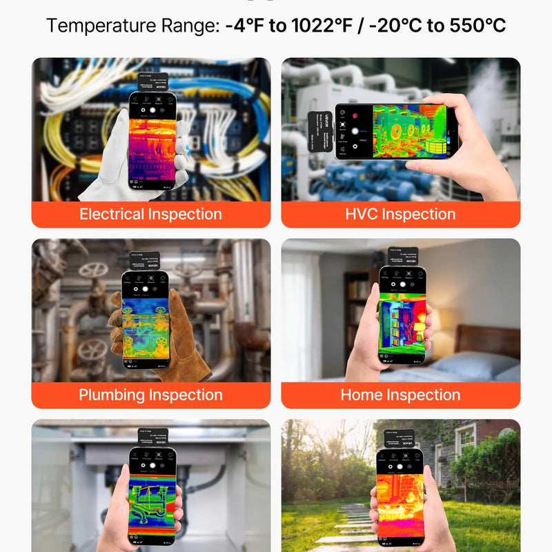 VEVOR termokamera Android un iOS ierīcēm ar makro objektīvu, 512 × 384 super izšķirtspēja, 25 Hz atsvaidzes ātrums, 256 × 192 IR izšķirtspēja, temperatūras diapazons -20 °C līdz 550 °C