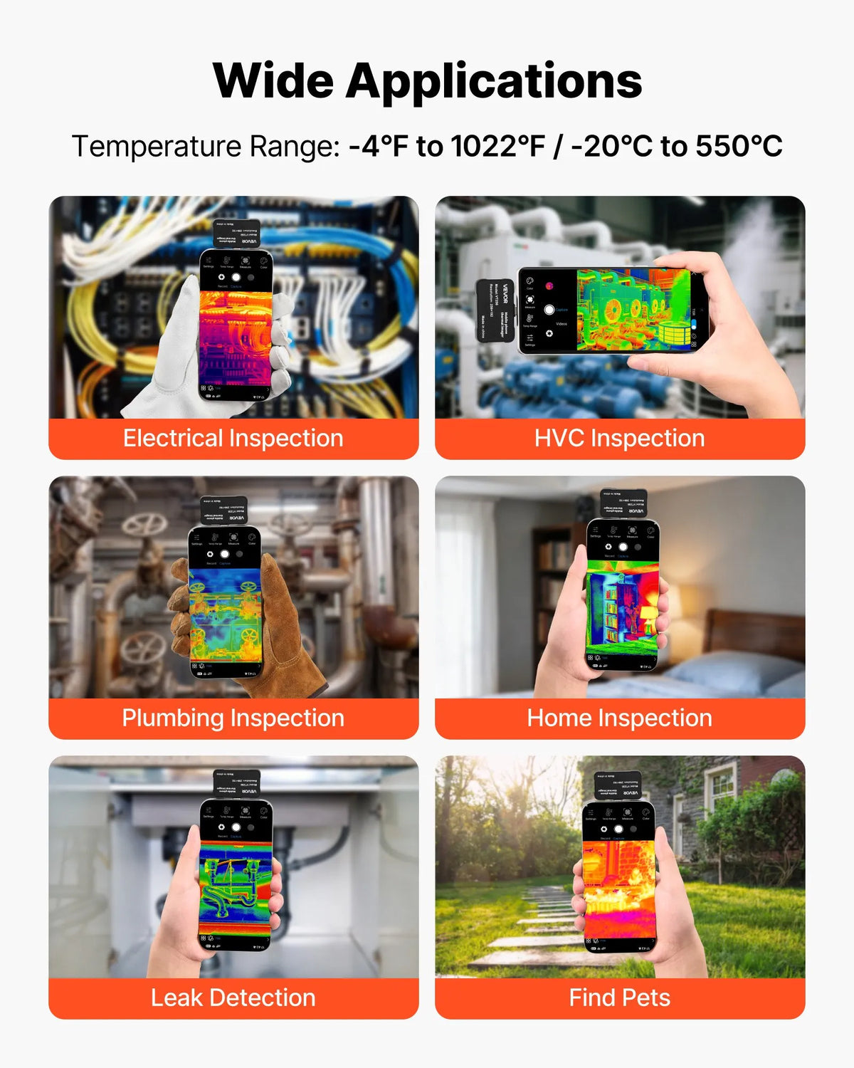 VEVOR termokamera Android un iOS ierīcēm ar makro objektīvu, 512 × 384 super izšķirtspēja, 25 Hz atsvaidzes ātrums, 256 × 192 IR izšķirtspēja, temperatūras diapazons -20 °C līdz 550 °C