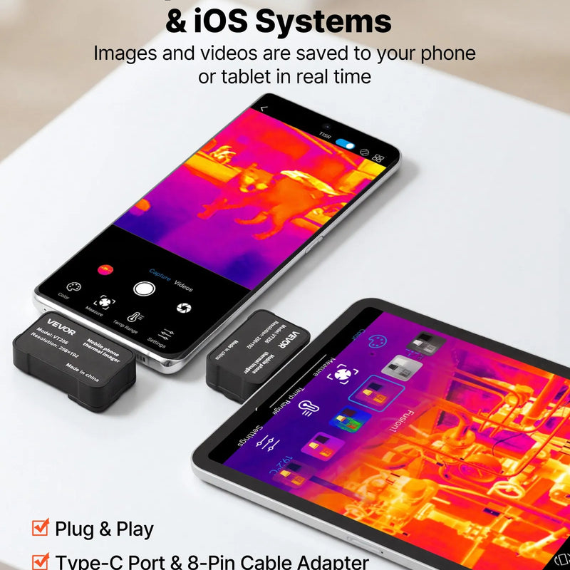 VEVOR termokamera Android un iOS ierīcēm ar makro objektīvu, 512 × 384 super izšķirtspēja, 25 Hz atsvaidzes ātrums, 256 × 192 IR izšķirtspēja, temperatūras diapazons -20 °C līdz 550 °C