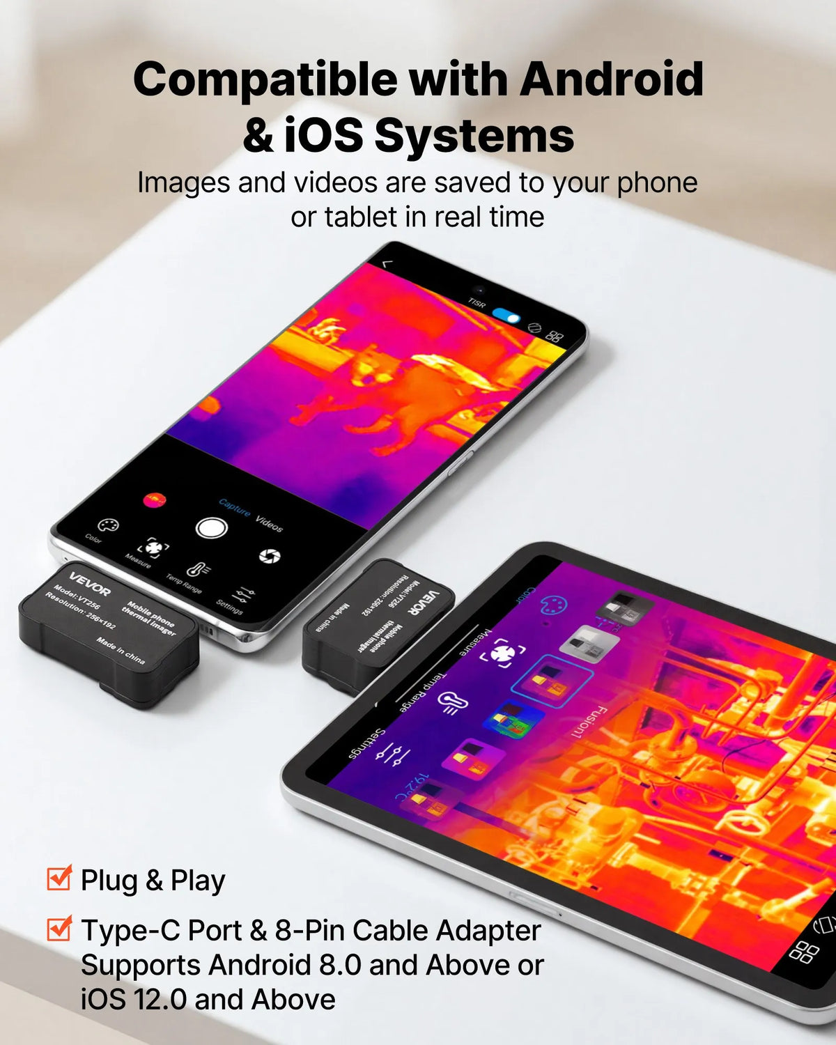 VEVOR termokamera Android un iOS ierīcēm ar makro objektīvu, 512 × 384 super izšķirtspēja, 25 Hz atsvaidzes ātrums, 256 × 192 IR izšķirtspēja, temperatūras diapazons -20 °C līdz 550 °C
