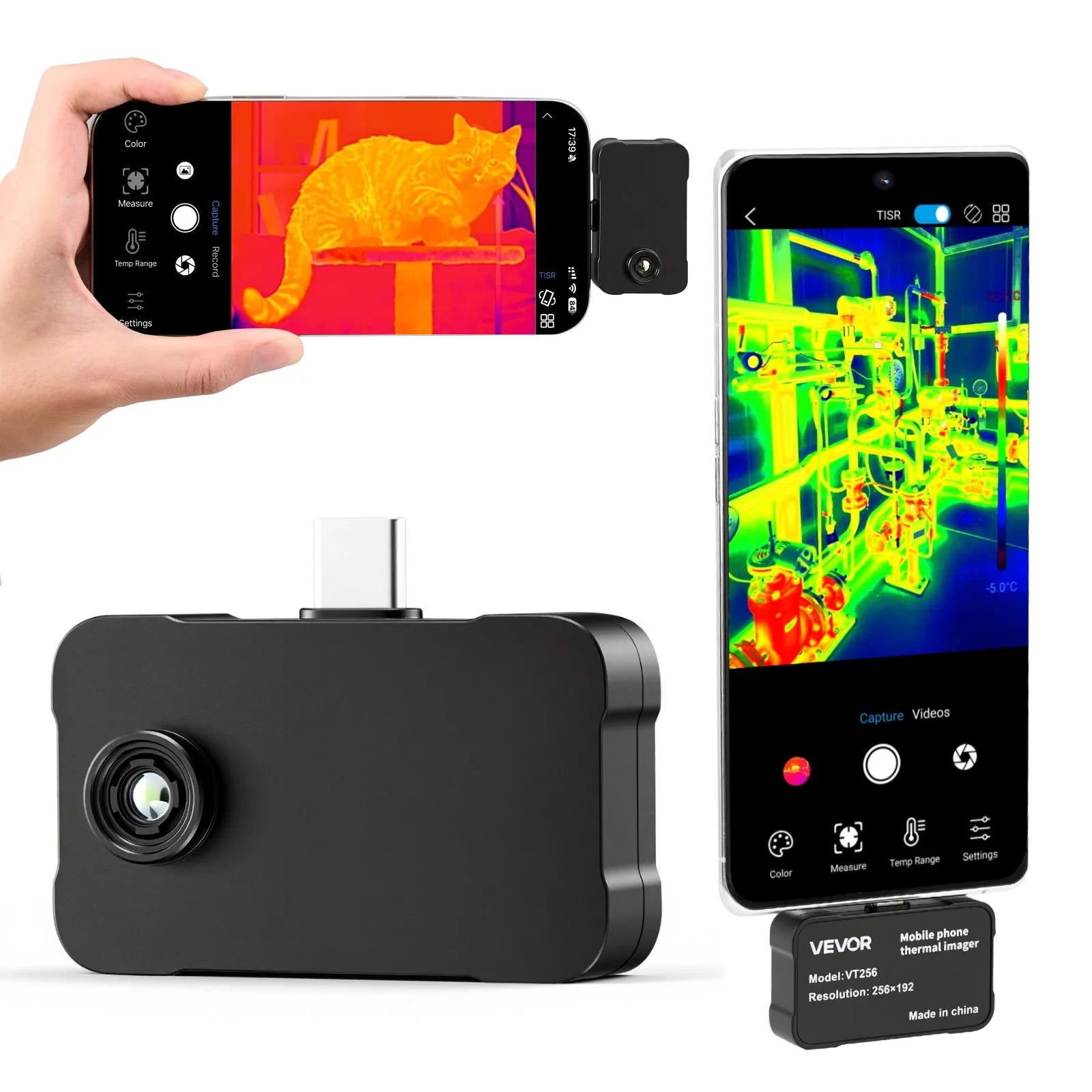VEVOR termokamera Android un iOS ierīcēm, 512 × 384 super izšķirtspēja, 25 Hz atsvaidzes ātrums, 256 × 192 IR izšķirtspēja, temperatūras diapazons -20 °C līdz 550 °C, 6 krāsu paletes