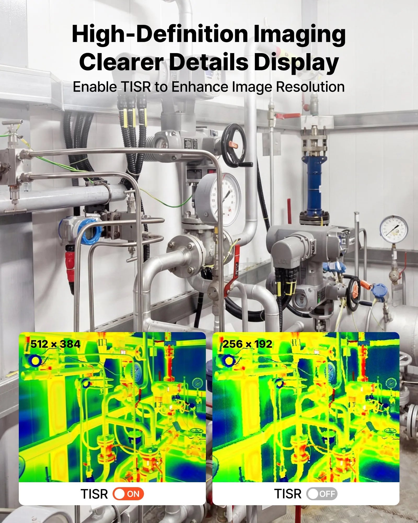 VEVOR termokamera Android un iOS ierīcēm, 512 × 384 super izšķirtspēja, 25 Hz atsvaidzes ātrums, 256 × 192 IR izšķirtspēja, temperatūras diapazons -20 °C līdz 550 °C, 6 krāsu paletes