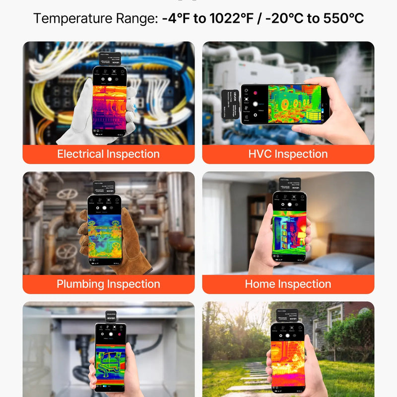 VEVOR termokamera Android un iOS ierīcēm, 512 × 384 super izšķirtspēja, 25 Hz atsvaidzes ātrums, 256 × 192 IR izšķirtspēja, temperatūras diapazons -20 °C līdz 550 °C, 6 krāsu paletes