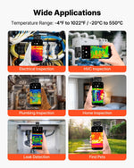 VEVOR termokamera Android un iOS ierīcēm, 512 × 384 super izšķirtspēja, 25 Hz atsvaidzes ātrums, 256 × 192 IR izšķirtspēja, temperatūras diapazons -20 °C līdz 550 °C, 6 krāsu paletes