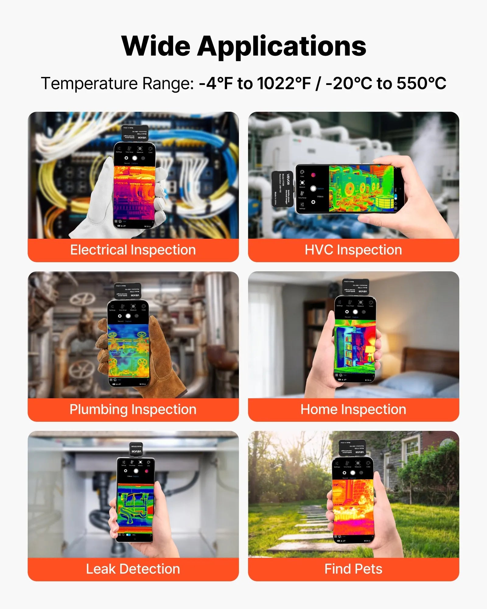 VEVOR termokamera Android un iOS ierīcēm, 512 × 384 super izšķirtspēja, 25 Hz atsvaidzes ātrums, 256 × 192 IR izšķirtspēja, temperatūras diapazons -20 °C līdz 550 °C, 6 krāsu paletes
