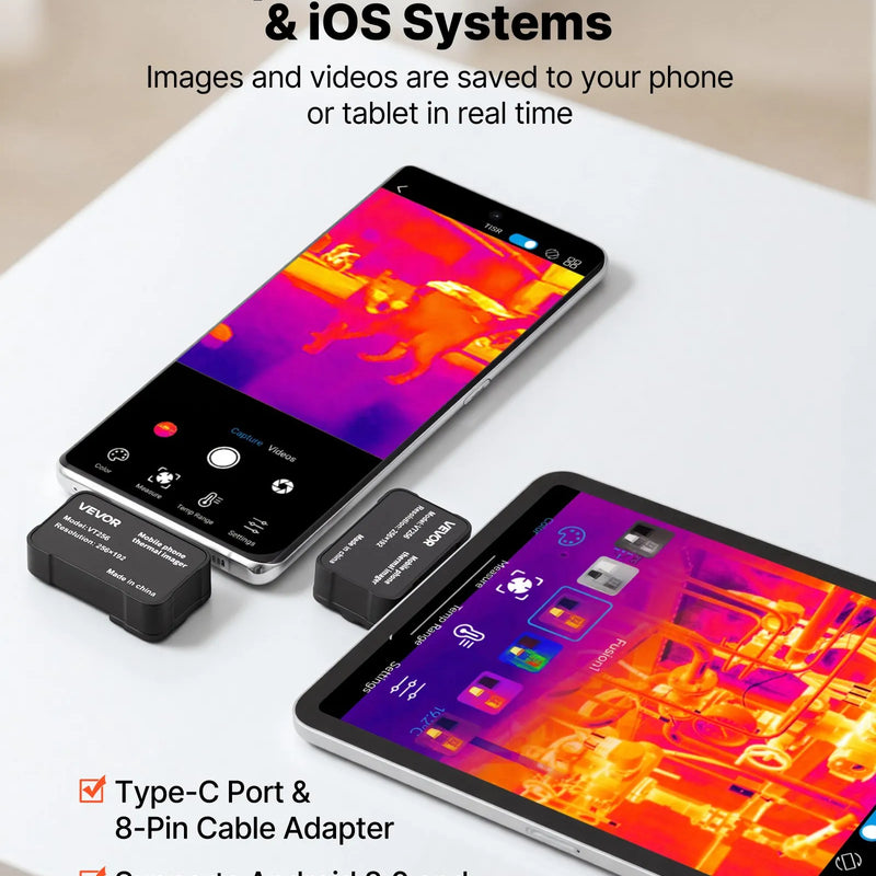 VEVOR termokamera Android un iOS ierīcēm, 512 × 384 super izšķirtspēja, 25 Hz atsvaidzes ātrums, 256 × 192 IR izšķirtspēja, temperatūras diapazons -20 °C līdz 550 °C, 6 krāsu paletes