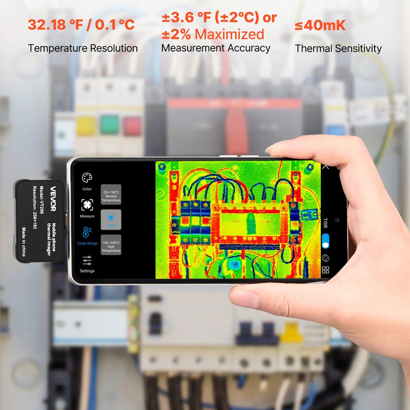 VEVOR termokamera Android un iOS ierīcēm, 512 × 384 super izšķirtspēja, 25 Hz atsvaidzes ātrums, 256 × 192 IR izšķirtspēja, temperatūras diapazons -20 °C līdz 550 °C, 6 krāsu paletes