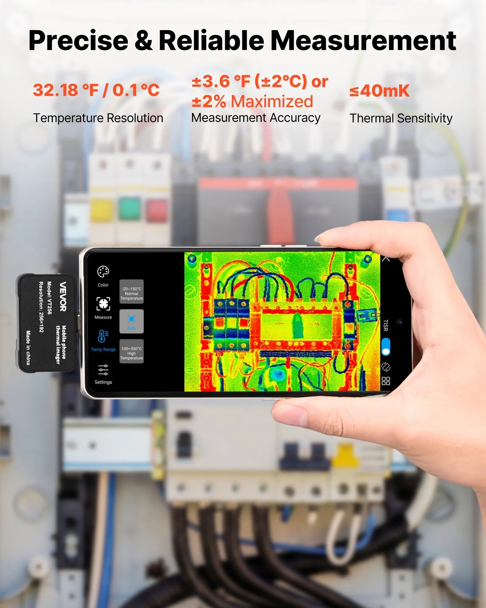 VEVOR termokamera Android un iOS ierīcēm, 512 × 384 super izšķirtspēja, 25 Hz atsvaidzes ātrums, 256 × 192 IR izšķirtspēja, temperatūras diapazons -20 °C līdz 550 °C, 6 krāsu paletes