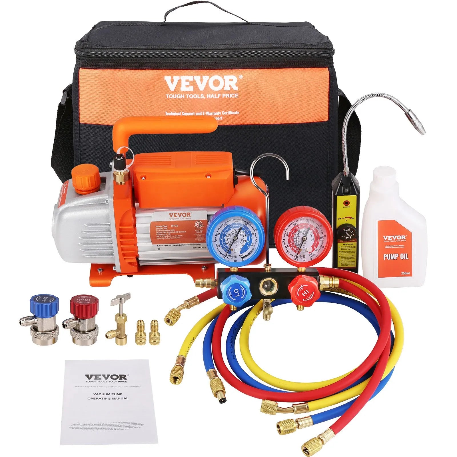 VEVOR vienpakāpes HVAC vakuuma sūknis ar manometru komplektu 113 l/min, 1/4 ZS, ar šļūteni gaisa kondicionēšanas sistēmu apkopei
