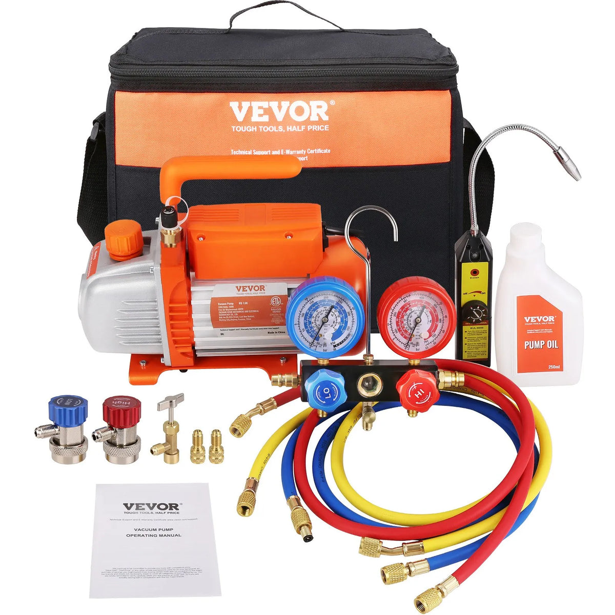 VEVOR vienpakāpes HVAC vakuuma sūknis ar manometru komplektu 113 l/min, 1/4 ZS, ar šļūteni gaisa kondicionēšanas sistēmu apkopei