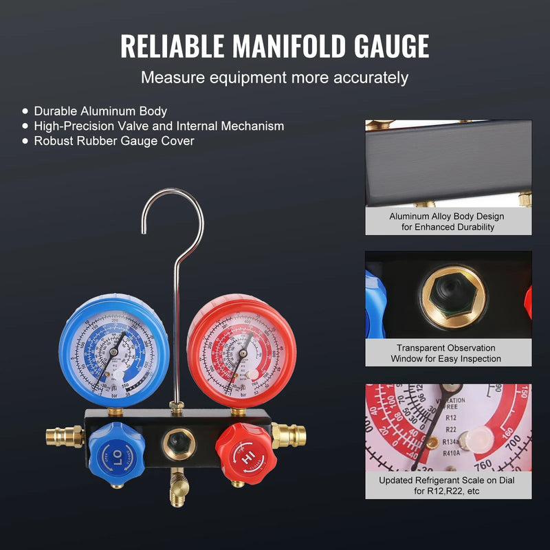 VEVOR vienpakāpes HVAC vakuuma sūknis ar manometru komplektu 113 l/min, 1/4 ZS, ar šļūteni gaisa kondicionēšanas sistēmu apkopei