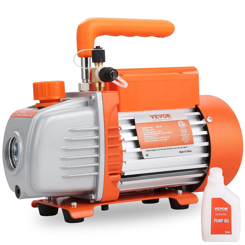 VEVOR vienpakāpes vakuuma sūknis 99 l/min, 150 W, 220–240 V, gaisa kondicionēšanas un HVAC vakuuma sūknis ar SAE 1/4 un ACME 1/2 ieplūdes pieslēgumiem, paredzēts HVAC remontam, aukstuma iekārtu apkopei un sveķu degazēšanai