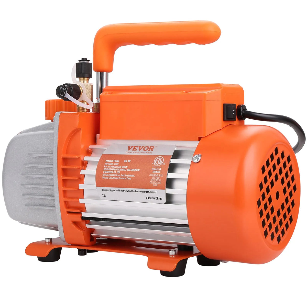 VEVOR vienpakāpes vakuuma sūknis 99 l/min, 150 W, 220–240 V, gaisa kondicionēšanas un HVAC vakuuma sūknis ar SAE 1/4 un ACME 1/2 ieplūdes pieslēgumiem, paredzēts HVAC remontam, aukstuma iekārtu apkopei un sveķu degazēšanai