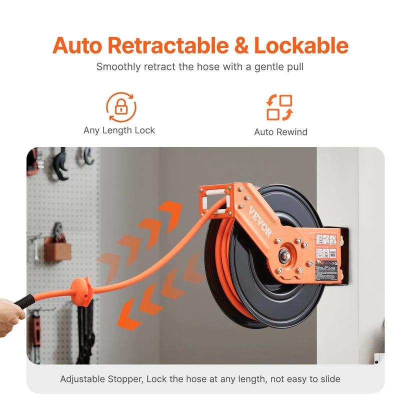 Automaatne õhuvoolikukomplekt 9,5 mm x 15 m, 20 bar, koos klambriga ja automaatse tagasipöördumisega