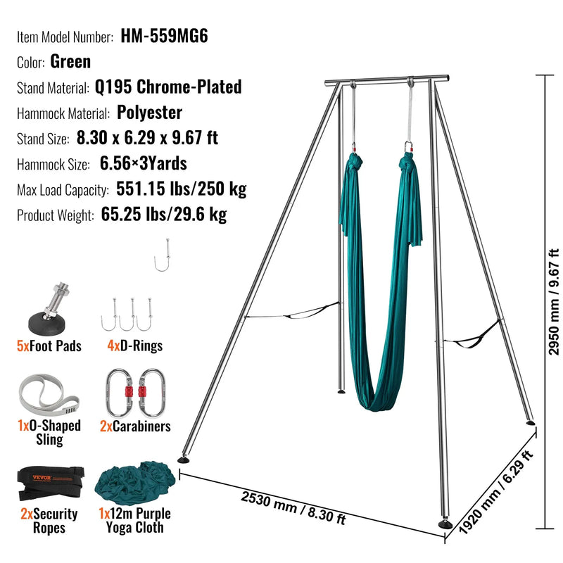 VEVOR Gaisa jogas rāmis ar jogas šūpuļtīklu, 295 cm augsts profesionāls jogas statīvs ar 6 m šūpuļtīklu, maksimālā slodze 250 kg, piemērots lietošanai iekštelpās un ārā, zaļš