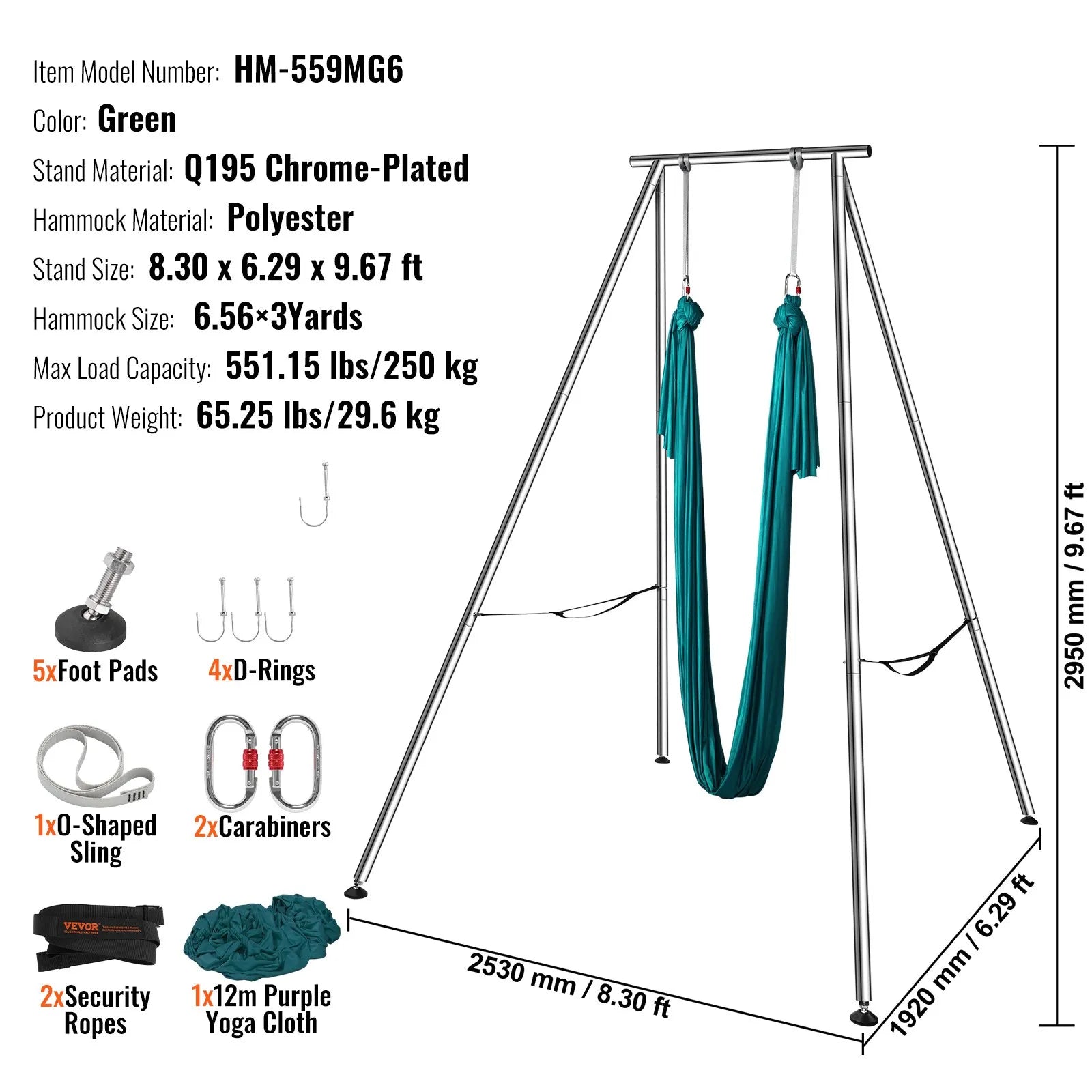 VEVOR Gaisa jogas rāmis ar jogas šūpuļtīklu, 295 cm augsts profesionāls jogas statīvs ar 6 m šūpuļtīklu, maksimālā slodze 250 kg, piemērots lietošanai iekštelpās un ārā, zaļš
