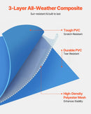 Virszemes peldbaseins ar metāla rāmi 3 × 2 × 0,76 m, taisnstūrveida tērauda konstrukcija, liels āra ģimenes baseins, viegli saliekams, rūsas izturīgs, ietilpība 3959 l, zilā krāsā