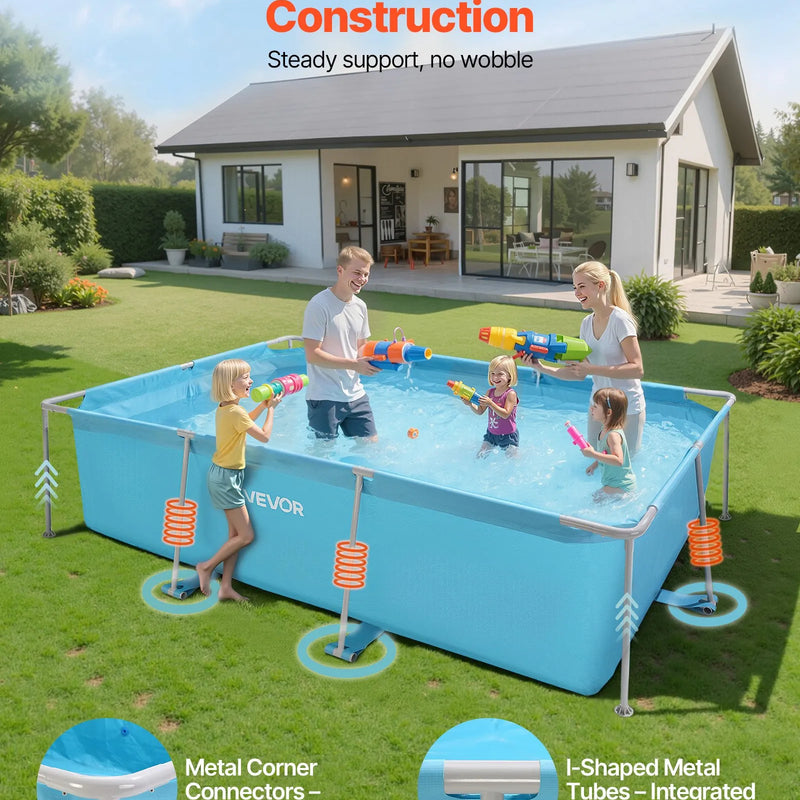 Virszemes peldbaseins ar metāla rāmi 3 × 2 × 0,76 m, taisnstūrveida tērauda konstrukcija, liels āra ģimenes baseins, viegli saliekams, rūsas izturīgs, ietilpība 3959 l, zilā krāsā