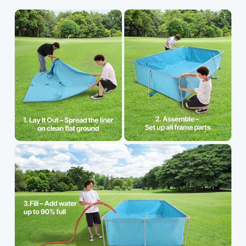 Virszemes peldbaseins ar metāla rāmi 3 × 2 × 0,76 m, taisnstūrveida tērauda konstrukcija, liels āra ģimenes baseins, viegli saliekams, rūsas izturīgs, ietilpība 3959 l, zilā krāsā