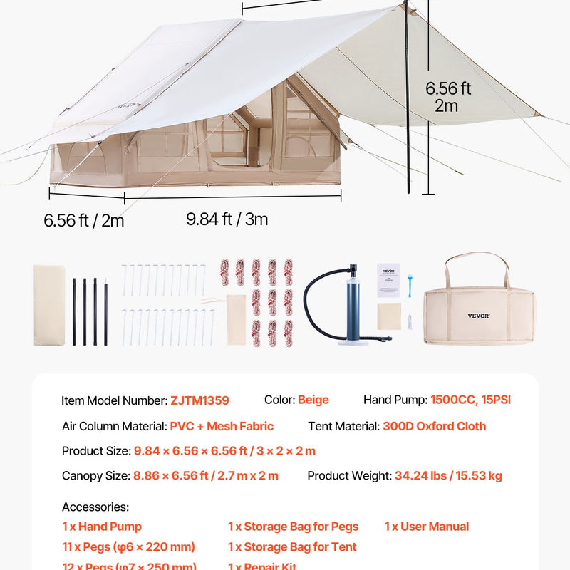 VEVOR inflatable tent for camping 3-5 persons, glamping tent with pump and awning