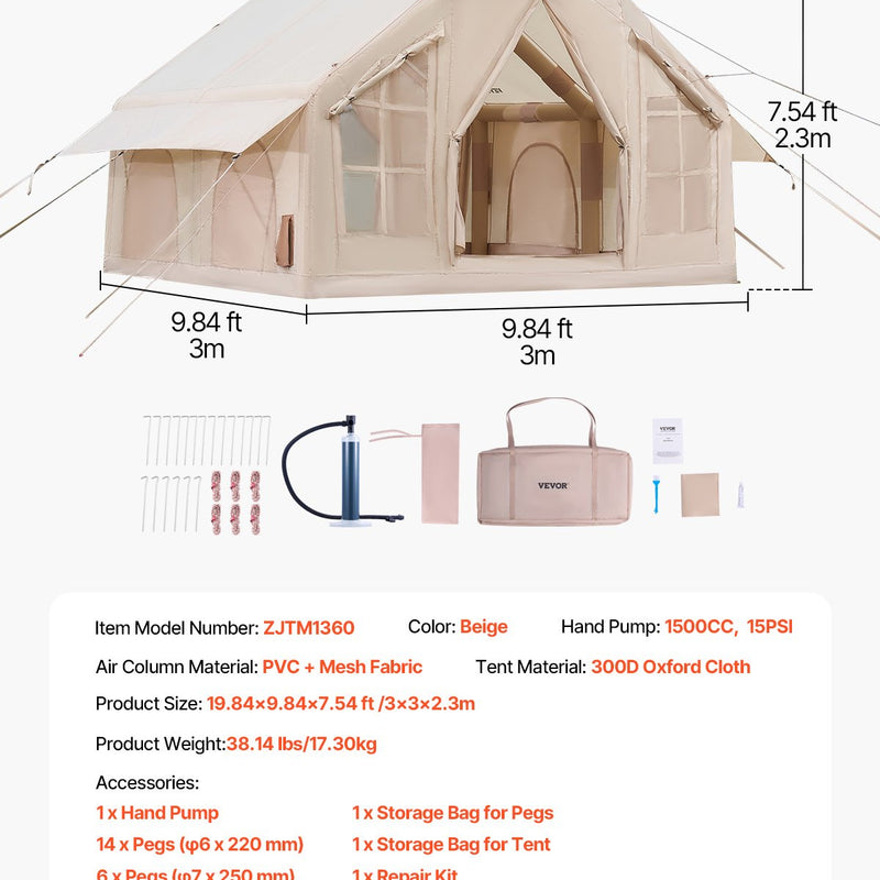 VEVOR inflatable tent for 4-6 persons, glamping tent with pump, easy to set up