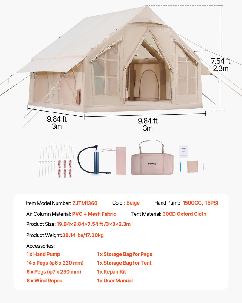 VEVOR inflatable tent for 4-6 persons, glamping tent with pump, easy to set up