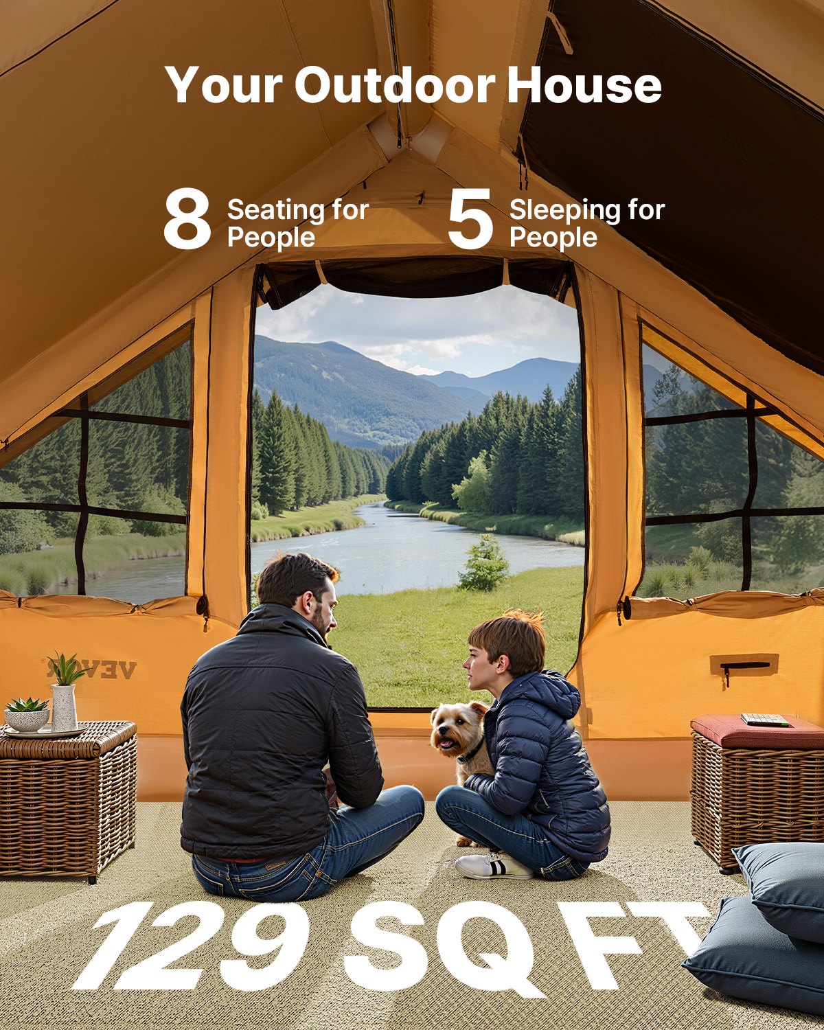 VEVOR piepūšamā telts kempingam 5–8 personām, glampinga telts ar pumpi, viegli uzstādāma