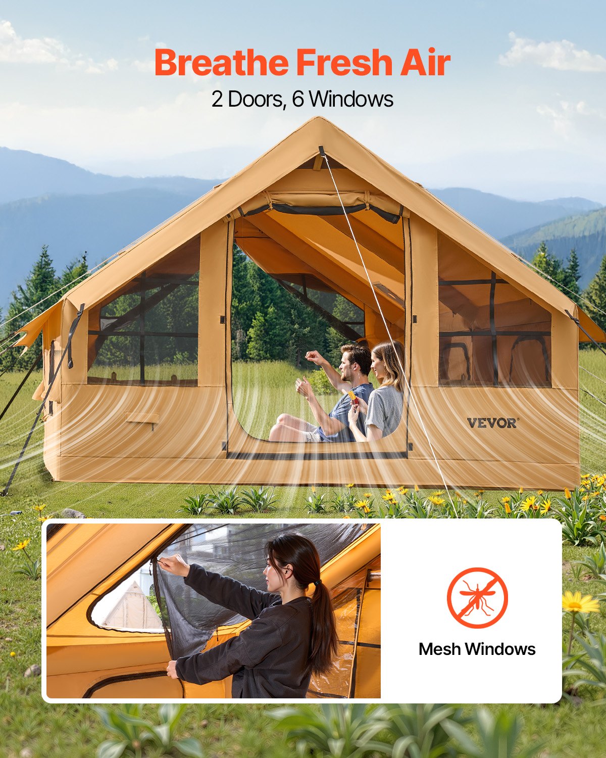 VEVOR piepūšamā telts kempingam 5–8 personām, glampinga telts ar pumpi, viegli uzstādāma