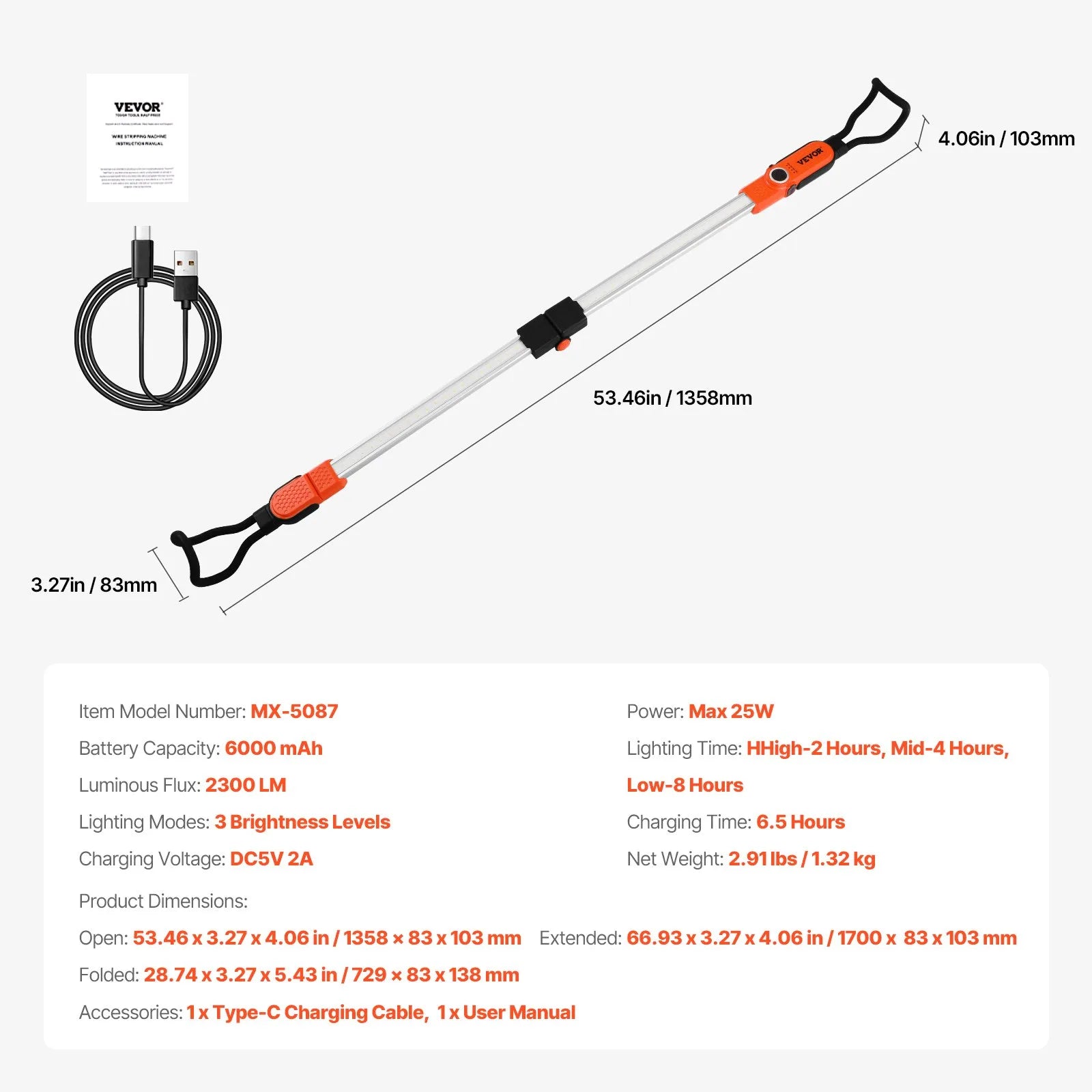 Motortelpas darba LED lampa, 2300 lm, 6000 mAh, uzlādējama, pārnēsājama, ar āķiem