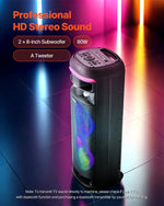 VEVOR karaoke sistēma pieaugušajiem, 80 W, pārnēsājams 8 collu Bluetooth skaļrunis ar 2 bezvadu mikrofonu komplektu, LED apgaismojumu, TWS funkciju un rullīšiem, atbalsta microTF karti, USB un AUX, mājas karaoke ballītēm
