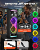 VEVOR karaoke sistēma pieaugušajiem, 80 W, pārnēsājams 8 collu Bluetooth skaļrunis ar 2 bezvadu mikrofonu komplektu, LED apgaismojumu, TWS funkciju un rullīšiem, atbalsta microTF karti, USB un AUX, mājas karaoke ballītēm