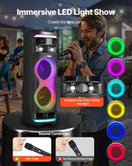 VEVOR karaoke sistēma pieaugušajiem, 80 W, pārnēsājams 8 collu Bluetooth skaļrunis ar 2 bezvadu mikrofonu komplektu, LED apgaismojumu, TWS funkciju un rullīšiem, atbalsta microTF karti, USB un AUX, mājas karaoke ballītēm