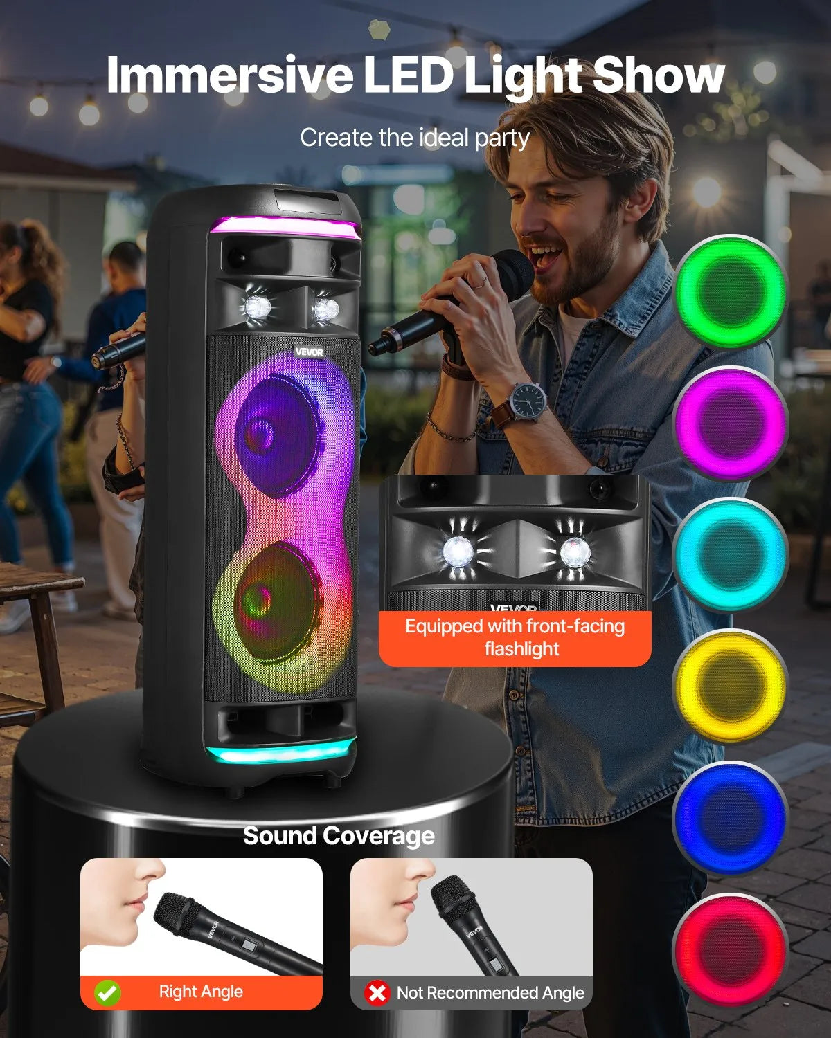 VEVOR karaoke sistēma pieaugušajiem, 80 W, pārnēsājams 8 collu Bluetooth skaļrunis ar 2 bezvadu mikrofonu komplektu, LED apgaismojumu, TWS funkciju un rullīšiem, atbalsta microTF karti, USB un AUX, mājas karaoke ballītēm