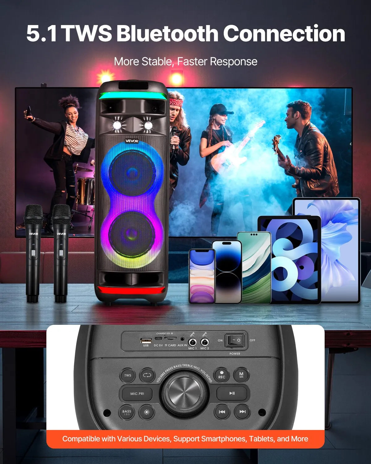 VEVOR karaoke sistēma pieaugušajiem, 80 W, pārnēsājams 8 collu Bluetooth skaļrunis ar 2 bezvadu mikrofonu komplektu, LED apgaismojumu, TWS funkciju un rullīšiem, atbalsta microTF karti, USB un AUX, mājas karaoke ballītēm