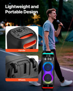 VEVOR karaoke sistēma pieaugušajiem, 80 W, pārnēsājams 8 collu Bluetooth skaļrunis ar 2 bezvadu mikrofonu komplektu, LED apgaismojumu, TWS funkciju un rullīšiem, atbalsta microTF karti, USB un AUX, mājas karaoke ballītēm