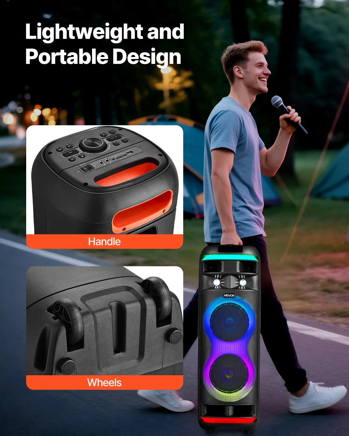 VEVOR karaoke sistēma pieaugušajiem, 80 W, pārnēsājams 8 collu Bluetooth skaļrunis ar 2 bezvadu mikrofonu komplektu, LED apgaismojumu, TWS funkciju un rullīšiem, atbalsta microTF karti, USB un AUX, mājas karaoke ballītēm