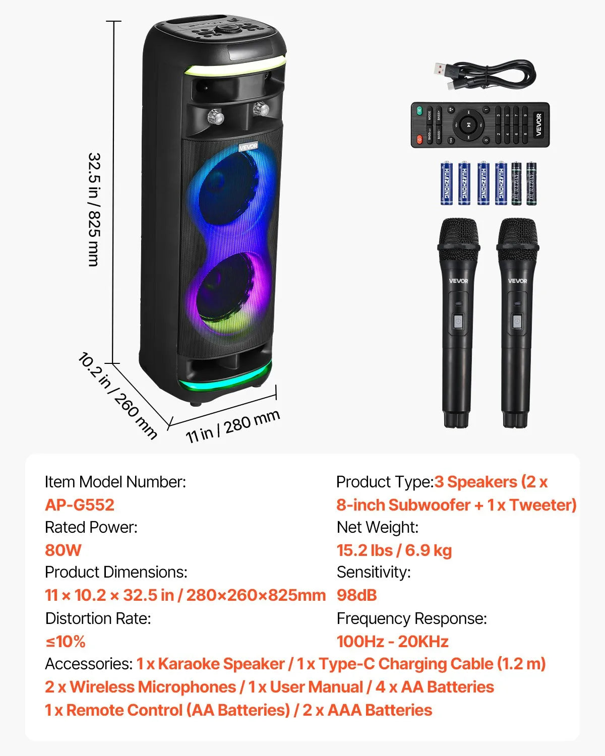 VEVOR karaoke sistēma pieaugušajiem, 80 W, pārnēsājams 8 collu Bluetooth skaļrunis ar 2 bezvadu mikrofonu komplektu, LED apgaismojumu, TWS funkciju un rullīšiem, atbalsta microTF karti, USB un AUX, mājas karaoke ballītēm