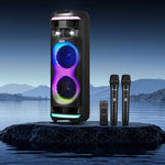 VEVOR karaoke sistēma pieaugušajiem, 80 W, pārnēsājams 8 collu Bluetooth skaļrunis ar 2 bezvadu mikrofonu komplektu, LED apgaismojumu, TWS funkciju un rullīšiem, atbalsta microTF karti, USB un AUX, mājas karaoke ballītēm