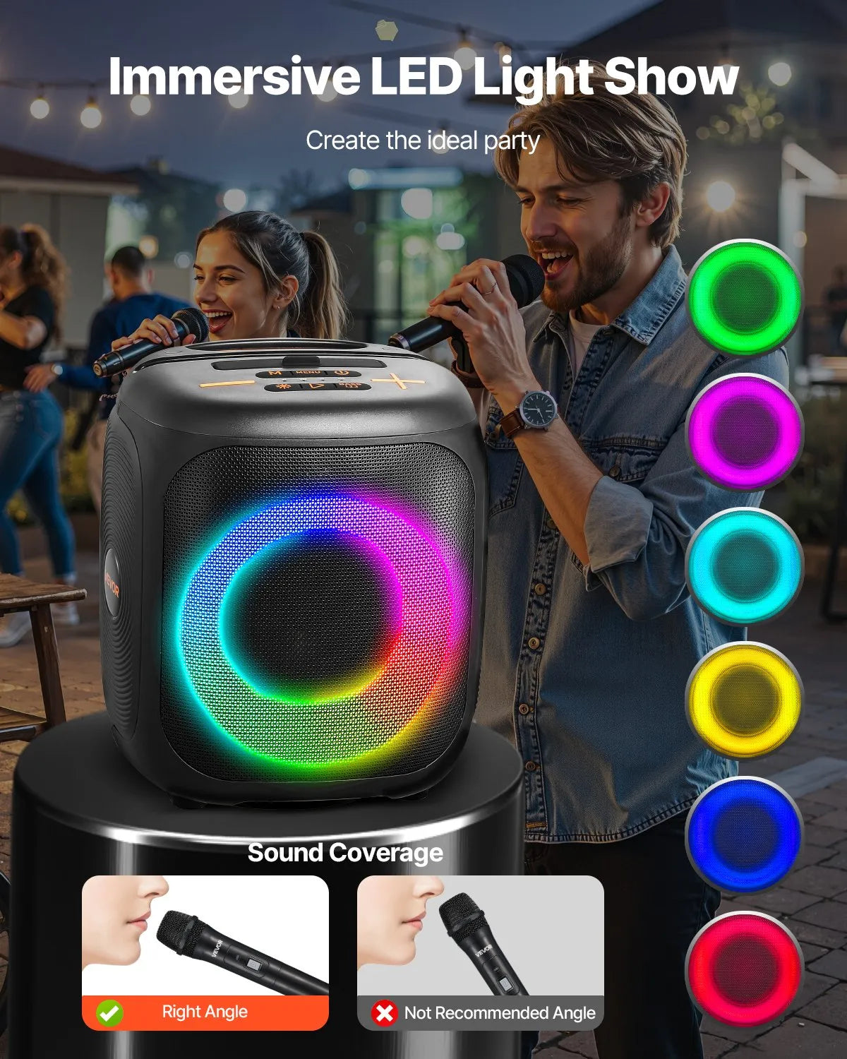 VEVOR karaoke sistēma pieaugušajiem, 15 W, 4'' pārnēsājamais Bluetooth skaļrunis ar 2 bezvadu mikrofoniem, LED apgaismojumu, TWS funkciju un rokturi; atbalsta micro TF karti, USB un AUX, piemērots mājas karaoke ballītēm
