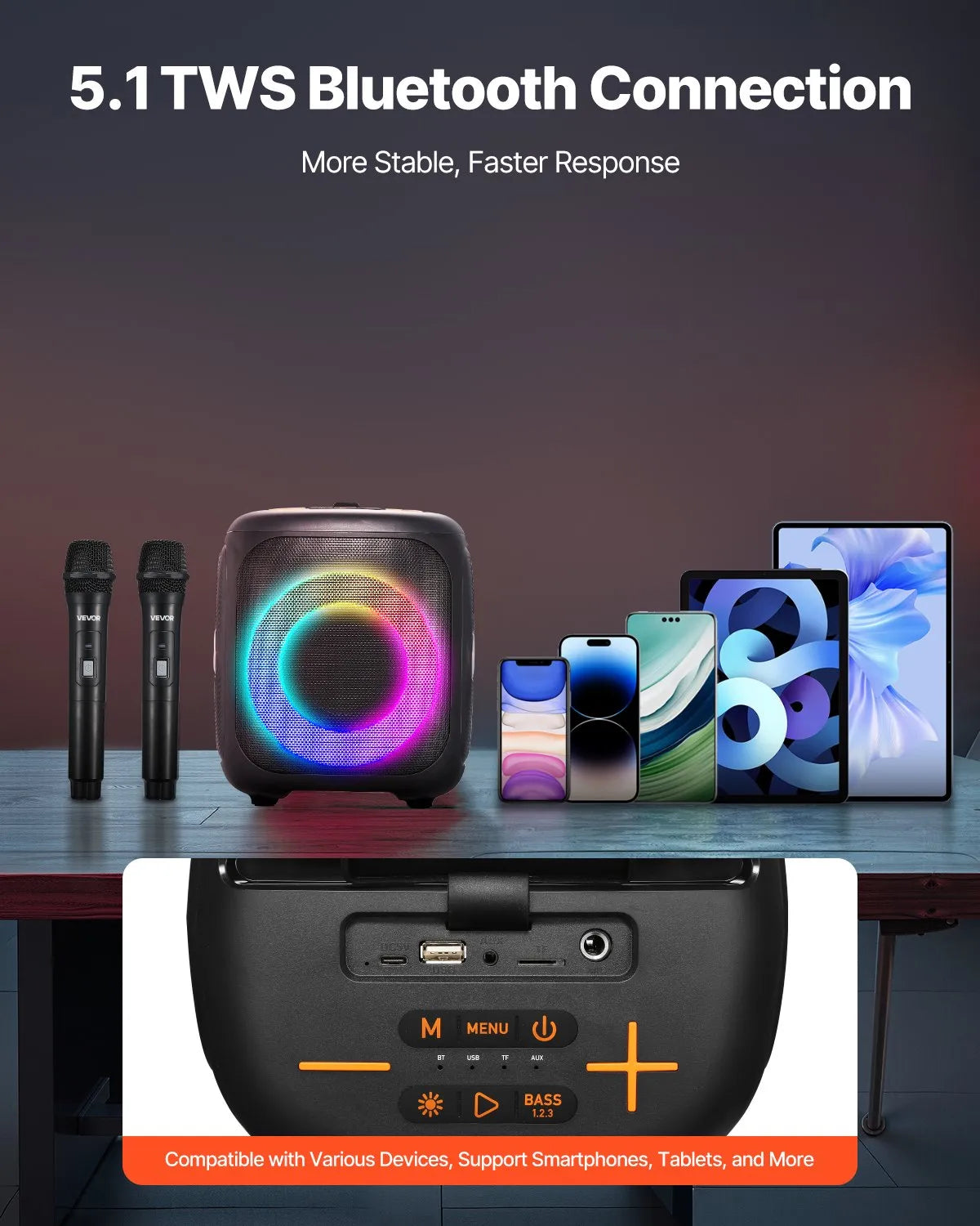 VEVOR karaoke sistēma pieaugušajiem, 15 W, 4'' pārnēsājamais Bluetooth skaļrunis ar 2 bezvadu mikrofoniem, LED apgaismojumu, TWS funkciju un rokturi; atbalsta micro TF karti, USB un AUX, piemērots mājas karaoke ballītēm