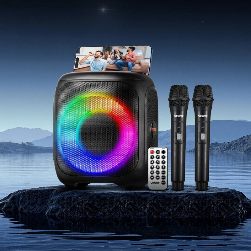 VEVOR karaoke sistēma pieaugušajiem, 15 W, 4'' pārnēsājamais Bluetooth skaļrunis ar 2 bezvadu mikrofoniem, LED apgaismojumu, TWS funkciju un rokturi; atbalsta micro TF karti, USB un AUX, piemērots mājas karaoke ballītēm